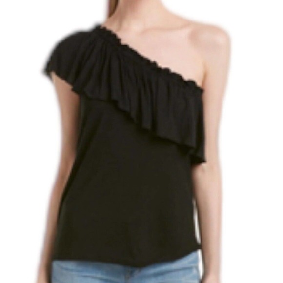 Rebecca Taylor Flax Blend Black Jersey Knit Ruffle Off Shoulder Top Size XS - Picture 4 of 8